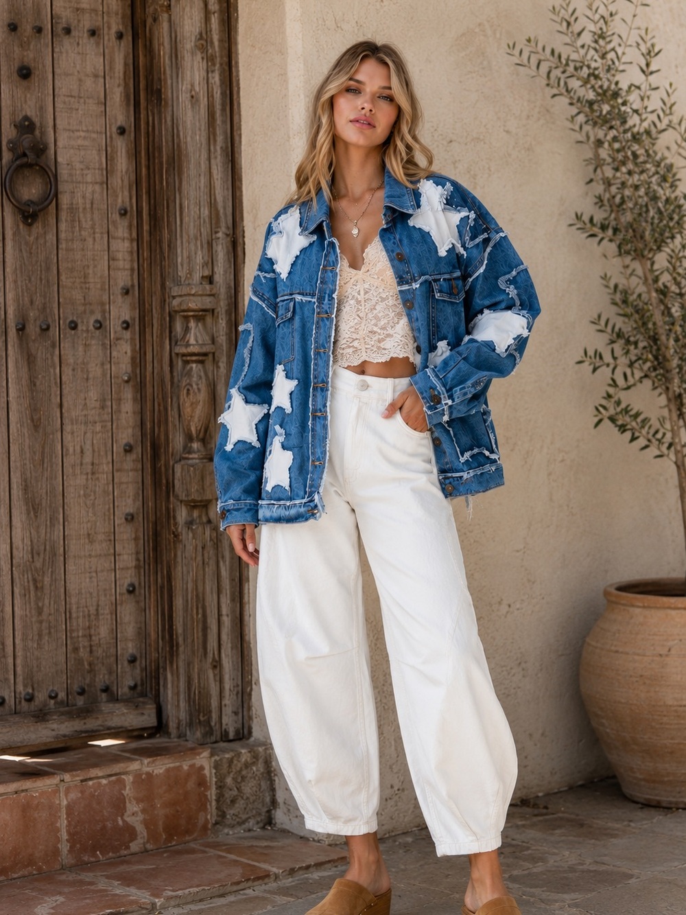 444. OLI & HALI Denim oversized WASHED STAR PATCHWORK DENIM JACKET